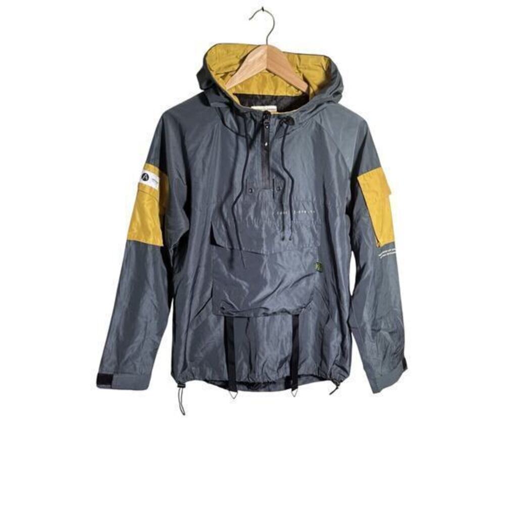 Once Again Grey Yellow Pullover Front Pocket Jacket Streetwear Hooded One Size